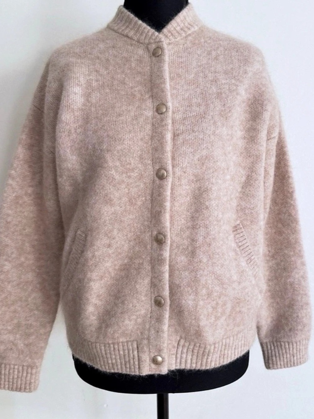 Sezane Eddy Mottled Beige Kid Mohair Wool Blend Ribbed Knit Bomber Jacket M